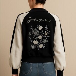 Black and White Floral Embroidered Sweater Jacket